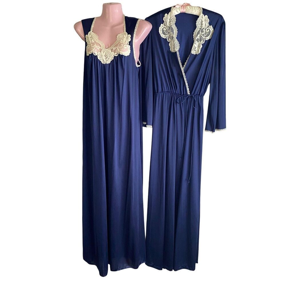 Vintage Vanity Fair Nightgown Robe Set Womens Small Medium Navy Lace Trim 70s
